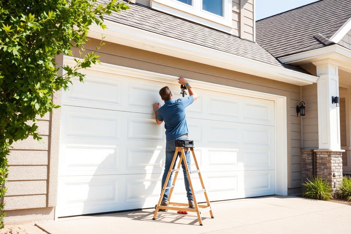 Technician repairing a residential garage door opener