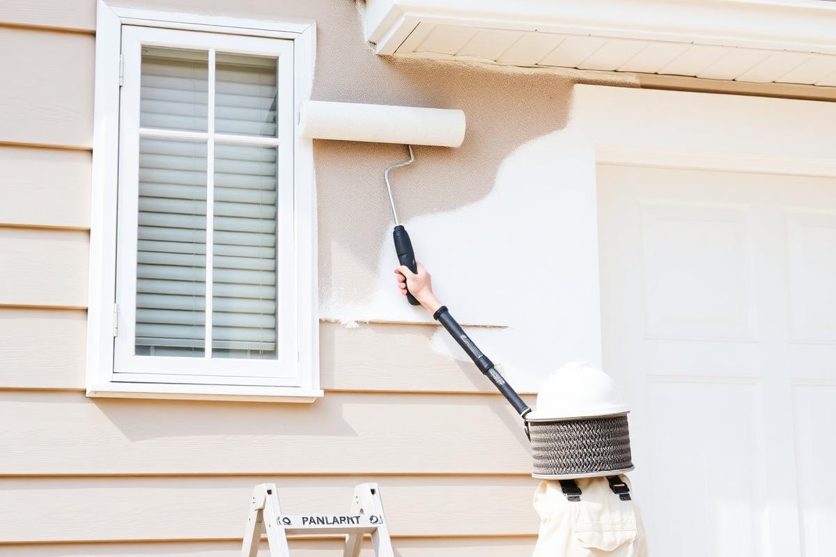Professional painter rolling fresh paint on an interior wall