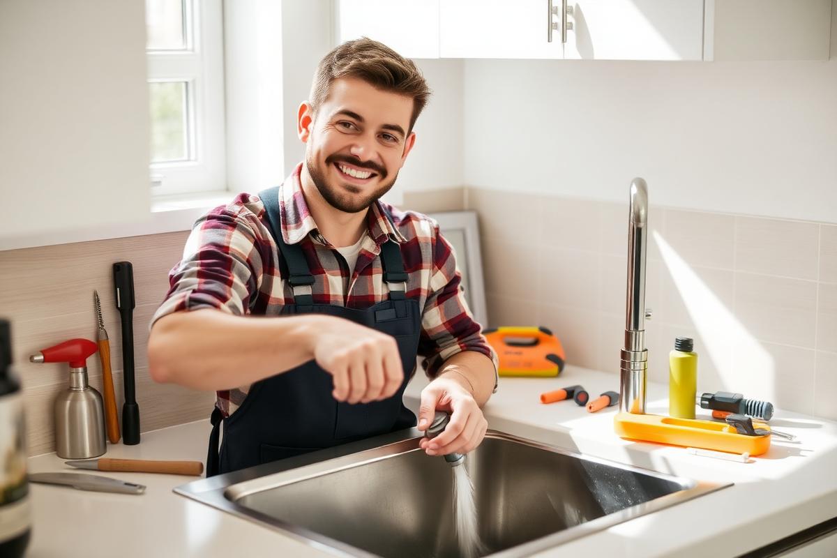 Example plumbing website showing a plumber repairing a faucet under a kitchen sink