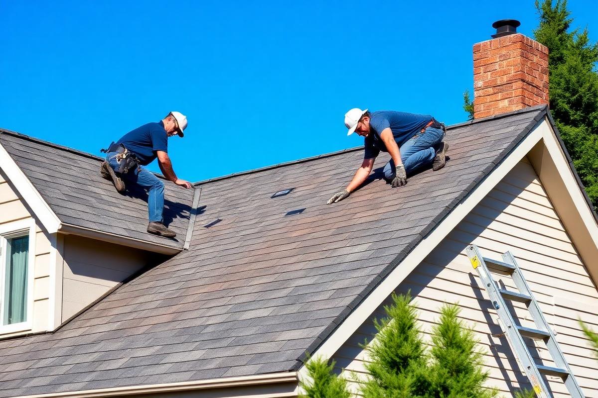 Example roofing website showing a crew installing new asphalt shingles