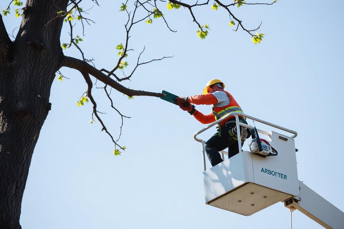 Arborist using a chainsaw to remove a large tree limb